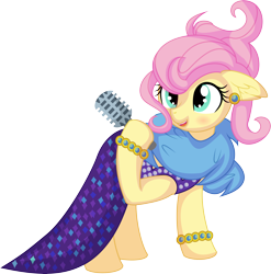 Size: 6659x6752 | Tagged: safe, artist:cyanlightning, imported from derpibooru, fluttershy, pegasus, pony, viva las pegasus, .svg available, absurd resolution, bracelet, clothes, cute, ear fluff, ear piercing, female, holding, impossibly rich, jewelry, mare, microphone, piercing, shyabetes, simple background, solo, transparent background, vector