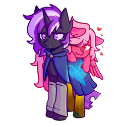 Size: 2500x2500 | Tagged: safe, artist:fuzzystarart, imported from derpibooru, oc, oc only, oc:hearts slots, oc:psithyra, changeling, pegasus, pony, changeling oc, clothes, commission, cute, duo, lying down, lying on top of someone, one sided shipping, pegasus oc, pink eyes, pink hair, pink mane, purple eyes, purple hair, purple mane, shipping, simple background, transparent background, wholesome