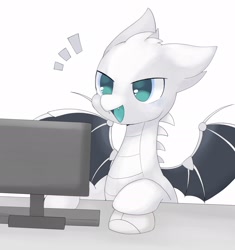 Size: 1682x1789 | Tagged: safe, artist:ginmaruxx, imported from derpibooru, oc, oc only, oc:llvm, dracony, dragon, hybrid, pony, computer, computer mouse, floppy ears, keyboard, llvm, monitor, open mouth, ponified, programming, simple background, solo, spread wings, white background, wings