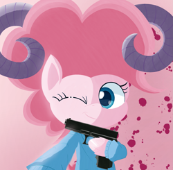 Size: 2117x2071 | Tagged: safe, artist:pitybug, imported from derpibooru, pinkie pie, earth pony, pony, my little pony: pony life, clothes, g4.5, gun, handgun, horns, jacket, one eye closed, pistol, ram horns, solo, wink