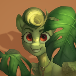 Size: 1050x1050 | Tagged: safe, artist:jewellier, imported from derpibooru, oc, oc only, oc:forrest wind, pegasus, pony, eyebrows, facial markings, house plant, looking at you, monstera, plant, red eyes, simple background, smiling, solo