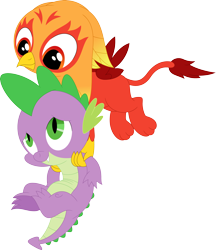 Size: 3076x3553 | Tagged: safe, artist:porygon2z, imported from derpibooru, spike, oc, oc:heatwave, dragon, griffon, chickub, duo, duo male, flying, holding a dragon, male, simple background, transparent background, vector