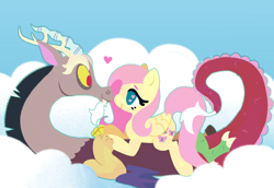 Size: 2452x1688 | Tagged: safe, artist:acidicstoat, imported from derpibooru, discord, fluttershy, draconequus, pegasus, pony, blue outline, cloud, commission, cutie mark eyes, discoshy, female, heart, holding hands, male, shipping, straight, wingding eyes