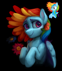 Size: 2098x2382 | Tagged: safe, artist:jewellier, imported from derpibooru, rainbow dash, pegasus, pony, ai assisted, ai content, black background, flower, interpretation, neuredraw, redraw, simple background, solo