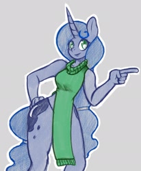Size: 2025x2456 | Tagged: safe, artist:wild-thunder06, imported from derpibooru, princess luna, anthro, clothes, female, gray background, hand on hip, pointing, side slit, simple background, solo, sweater, total sideslit, wide hips
