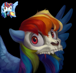 Size: 2253x2165 | Tagged: safe, artist:jewellier, imported from derpibooru, rainbow dash, pegasus, pony, ai assisted, ai content, black background, interpretation, neuredraw, redraw, simple background, skull, solo