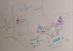 Size: 2048x1417 | Tagged: safe, artist:pony quarantine, imported from derpibooru, rarity, pony, unicorn, angry, applebee's, ask pony crayontine, blast, crayon drawing, dialogue, female, horn, magic, magic blast, mare, open mouth, rarity fighting a giant applebee's, request, solo, traditional art