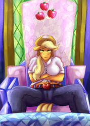 Size: 1244x1750 | Tagged: safe, artist:jamescorck, imported from derpibooru, applejack, anthro, earth pony, breasts, busty applejack, clothes, crossed arms, female, hat, pants, shirt, sitting, solo, throne, twilight's castle