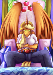 Size: 1244x1750 | Tagged: safe, alternate version, artist:jamescorck, imported from derpibooru, applejack, alicorn, anthro, alicornified, applecorn, breasts, busty applejack, clothes, crossed arms, female, hat, pants, race swap, shirt, sitting, solo, throne, twilight's castle