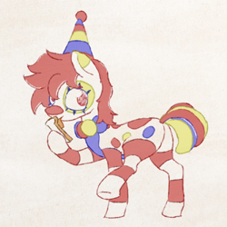 Size: 500x500 | Tagged: safe, imported from derpibooru, oc, oc only, earth pony, pony, bread, butt, clown, food, hat, licking, party hat, plot, simple background, solo, tongue out, wonder bread