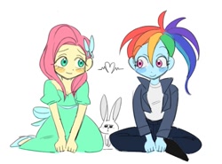 Size: 911x675 | Tagged: safe, artist:thresher_shark_, imported from derpibooru, angel bunny, fluttershy, rainbow dash, human, rabbit, equestria girls, animal, blushing, clothes, dress, female, flutterdash, heart, jacket, lesbian, shipping, simple background, sitting, smiling, white background