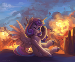 Size: 3600x3000 | Tagged: safe, alternate version, artist:jewellier, imported from derpibooru, princess flurry heart, alicorn, pony, city, cityscape, cloud, explosion, female, high res, looking at you, mare, oda 1997, oda 997, older, older flurry heart, one eye closed, sitting, smiling, smiling at you, smoke, solo, spread wings, wings, wink, winking at you