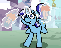 Size: 1280x1000 | Tagged: source needed, safe, imported from derpibooru, minuette, pony, unicorn, canterlot, female, glowing, glowing horn, horn, i can't believe it's not pokehidden, looking at you, magic, mare, milkshake, pixel art, running, smiling, solo, telekinesis