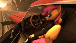 Size: 1920x1080 | Tagged: safe, artist:rainsstudio, imported from derpibooru, scootaloo, anthro, pegasus, plantigrade anthro, 3d, animated, boots, car, car interior, clothes, commission, female, folded wings, grin, hand on knee, hand on leg, jacket, leather, leather jacket, looking at you, nexgen, no sound, older, older scootaloo, road, shoes, shorts, sitting, smiling, socks, solo, source filmmaker, stockings, thigh highs, webm, wings