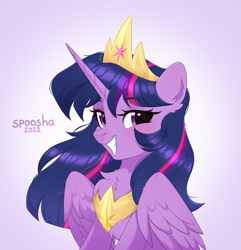 Size: 3037x3156 | Tagged: safe, artist:spoosha, imported from derpibooru, twilight sparkle, alicorn, pony, 2022, blushing, chest fluff, crown, cute, eyebrows, eyebrows visible through hair, female, folded wings, gradient background, grin, heart, heart eyes, high res, jewelry, lidded eyes, looking at you, mare, peytral, regalia, signature, smiling, smiling at you, smirk, smug, solo, twiabetes, twilight sparkle (alicorn), wing fluff, wingding eyes, wings
