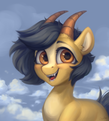 Size: 1800x2000 | Tagged: safe, artist:jewellier, imported from derpibooru, oc, oc only, original species, pony, bust, cloud, fangs, happy, horn, looking at you, multiple horns, portrait, solo