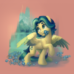 Size: 2300x2300 | Tagged: safe, artist:jewellier, imported from derpibooru, oc, oc only, pegasus, pony, flower, looking away, pegasus oc, solo, spread wings, wings