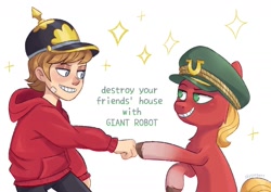 Size: 1754x1240 | Tagged: safe, artist:skysorbett, imported from derpibooru, sprout cloverleaf, earth pony, human, pony, bandaid, clothes, crossover, denim, duo, eddsworld, emperor sprout, fist bump, g5, grin, helmet, hoodie, jeans, male, markings, pants, simple background, smiling, stallion, tord (eddsworld), tumblr nose, unshorn fetlocks, white background