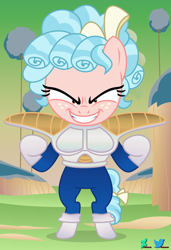 Size: 2600x3802 | Tagged: safe, artist:kuren247, imported from derpibooru, cozy glow, pegasus, pony, anime, armor, bipedal, crossover, dragon ball, dragon ball z, evil grin, female, filly, foal, grin, parody, reference to another series, saiyan armor, smiling, solo