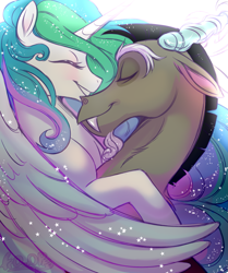 Size: 1337x1600 | Tagged: safe, artist:frowoppy, imported from derpibooru, discord, princess celestia, alicorn, draconequus, pony, cute, dislestia, duo, duo male and female, eyebrows, eyes closed, fanart, female, grin, love, male, mare, partially open wings, redraw, shipping, smiling, sparkles, straight, wings