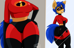 Size: 4277x2809 | Tagged: safe, artist:imaranx, imported from derpibooru, oc, oc only, anthro, earth pony, 2 panel comic, bodysuit, butt, clothes, comic, commission, cosplay, costume, elastigirl, female, implied tail hole, large butt, looking back, mare, mask, mirror, mrs. incredible, parody, skintight clothes, superhero, tail, the incredibles, thighs, thunder thighs, wide hips