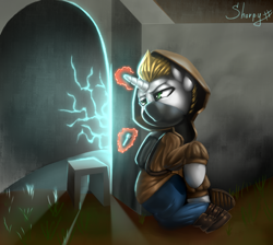 Size: 2772x2480 | Tagged: safe, artist:d3f4ult_4rt1st, artist:sharpy, imported from derpibooru, oc, oc only, pony, unicorn, anomaly, backpack, clothes, glowing, glowing horn, hood, horn, magic, male, s.t.a.l.k.e.r., solo, stalker, stallion, telekinesis, unicorn oc, video game