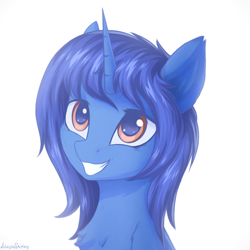 Size: 2000x2000 | Tagged: safe, artist:adagiostring, imported from derpibooru, oc, oc only, oc:xeno (iraven), pony, unicorn, bust, chest fluff, ear fluff, female, horn, mare, simple background, smiling, solo, white background