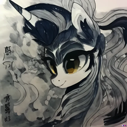 Size: 1024x1024 | Tagged: safe, imported from derpibooru, kirin, ai content, ai generated, bust, female, generator:purplesmart.ai, generator:stable diffusion, mare, portrait, solo, sumi-e