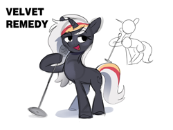 Size: 2000x1500 | Tagged: safe, artist:anotherdeadrat, imported from derpibooru, oc, oc only, oc:velvet remedy, pony, unicorn, fallout equestria, female, full body, horn, looking away, mare, microphone, microphone stand, multicolored mane, multicolored tail, open mouth, open smile, simple background, singing, sketch, smiling, solo, tail, unicorn oc, white background