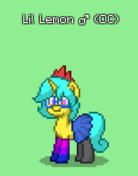 Size: 232x296 | Tagged: safe, artist:raymanhortse, imported from derpibooru, oc, oc only, oc:lil lemon, pony, pony town, bisexual pride flag, clothes, crossdressing, femboy, green background, male, pride, pride flag, simple background, skirt, socks, solo, stallion, stockings, thigh highs