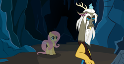 Size: 1506x786 | Tagged: safe, artist:swiftgaiathebrony, idw, imported from derpibooru, discord, fluttershy, draconequus, ghost, pegasus, pony, undead, spoiler:g5comic, cave, crying, fading, female, flutterghost, g5, immortality blues, mare, memories, old man discord, show accurate, tears of pain, teary eyes, tragedy