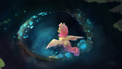 Size: 3372x1897 | Tagged: safe, artist:rainsketch, imported from derpibooru, fluttershy, pegasus, pony, eyes closed, female, glowing, luminescence, mare, overhead view, signature, solo, spread wings, swimming, water, wings