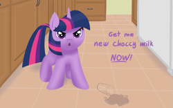 Size: 1127x705 | Tagged: safe, artist:purblehoers, imported from derpibooru, twilight sparkle, pony, unicorn, angry, chocolate, chocolate milk, cute, female, filly, filly twilight sparkle, foal, kitchen, looking at you, madorable, mare, meme, milk, solo, spilled milk, text, unicorn twilight, younger