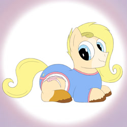 Size: 1280x1280 | Tagged: safe, artist:soulless_76, imported from derpibooru, oc, oc only, pony, blonde hair, diaper, lying down, male, non-baby in diaper, onesie, smiling, solo, stallion