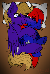 Size: 2181x3208 | Tagged: artist needed, safe, imported from derpibooru, oc, oc:shrapnel, oc:wing front, pegasus, bed, bedroom, blushing, cuddling, pegasus oc, pillow, spooning, wholesome