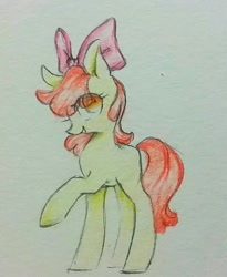 Size: 838x1024 | Tagged: safe, artist:mr_lemo_fuck, imported from derpibooru, apple bloom, earth pony, pony, female, filly, foal, raised hoof, solo, traditional art