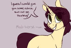 Size: 500x333 | Tagged: safe, artist:lolepopenon, imported from derpibooru, oc, oc only, pony, unicorn, freckles, gray background, simple background, smiling, solo, text