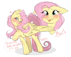 Size: 2500x2000 | Tagged: safe, artist:twisoft, imported from derpibooru, fluttershy, pegasus, pony, :3, :p, blushing, cheek fluff, cute, daaaaaaaaaaaw, dialogue, elbow fluff, female, floppy ears, head tilt, heart, heart eyes, high res, looking at you, mare, nya, raised hoof, shyabetes, simple background, smiling, solo, spread wings, standing, tongue out, turned head, white background, wingding eyes, wings
