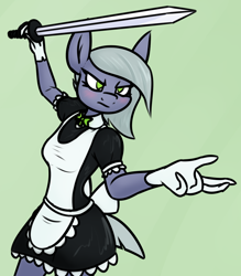 Size: 1070x1222 | Tagged: safe, artist:moonatik, imported from derpibooru, limestone pie, anthro, earth pony, action pose, apron, blushing, bowtie, clothes, dress, gloves, maid, simple background, skirt, solo, sword, weapon
