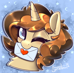 Size: 1090x1078 | Tagged: safe, artist:llametsul, imported from derpibooru, oc, oc only, oc:creme cookie, pony, unicorn, bust, choker, colored, cute, eyebrows visible through hair, female, horn, letter, looking at you, mare, mouth hold, one eye closed, portrait, solo, wink, winking at you
