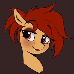 Size: 2490x2490 | Tagged: safe, artist:luxsimx, imported from derpibooru, oc, oc only, oc:machaera, pegasus, pony, bust, eyebrows visible through hair, eyeshadow, fangs, female, lipstick, makeup, mare, portrait, simple background, solo