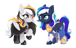 Size: 3923x2500 | Tagged: safe, artist:vallionshad, imported from derpibooru, oc, oc only, oc:flaming dune, oc:storm cloud river's, pegasus, pony, blushing, cloak, clothes, cute, dress, duo, duo female, eyeshadow, female, folded wings, freckles, full body, green eyes, heterochromia, looking at each other, looking at someone, makeup, mare, multicolored mane, multicolored tail, oc x oc, pegasus oc, raised hoof, shipping, shoes, simple background, smiling, smiling at each other, tail, transparent background, wings