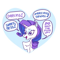 Size: 1200x1200 | Tagged: safe, artist:batshaped, imported from derpibooru, rarity, pony, unicorn, dialogue, heart, solo, swearing, vulgar