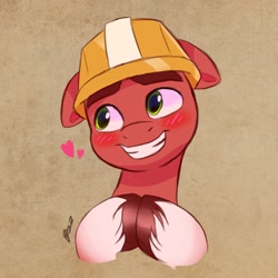 Size: 2048x2048 | Tagged: safe, artist:artharuhi, imported from derpibooru, sprout cloverleaf, earth pony, pony, blushing, clothes, coat markings, cute, floppy ears, g5, grin, hard hat, hat, heart, helmet, hooves together, male, my little pony: make your mark, my little pony: make your mark chapter 2, smiling, socks (coat markings), solo, sproutbetes, stallion