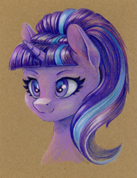 Size: 927x1200 | Tagged: safe, artist:maytee, imported from derpibooru, starlight glimmer, pony, unicorn, bust, colored pencil drawing, cute, female, glimmerbetes, horn, mare, portrait, s5 starlight, smiling, solo, traditional art