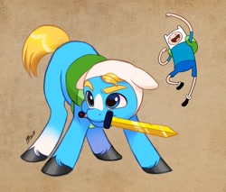 Size: 1024x871 | Tagged: safe, artist:artharuhi, imported from derpibooru, earth pony, human, pony, adventure time, backpack, clothes, coat markings, finn the human, male, mouth hold, ponified, solo, stallion, sword, weapon