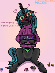 Size: 3120x4160 | Tagged: safe, artist:sugardotxtra, imported from derpibooru, queen chrysalis, oc, oc:acres, oc:sugar dot, changeling, changeling queen, clothes, cute, cutealis, dice, dork, dorkalis, dungeons and dragons, female, figurine, glasses, heart, looking at you, open mouth, open smile, pen and paper rpg, rpg, sitting, smiling, solo, sweater, talking to viewer, turtleneck