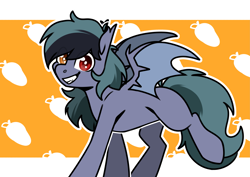 Size: 4093x2894 | Tagged: safe, artist:jellysketch, imported from derpibooru, oc, oc only, oc:scrimmy, bat pony, pony, bat pony oc, bat wings, cute, ear fluff, fangs, food, gritted teeth, heterochromia, looking at you, male, mango, pony oc, simple background, smiling, smiling at you, solo, spread wings, stallion, teeth, wings