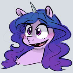 Size: 1000x1000 | Tagged: source needed, safe, artist:smirk, imported from derpibooru, izzy moonbow, pony, unicorn, blushing, bust, colored sketch, creepy, g5, sharp teeth, solo, teeth