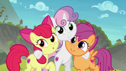 Size: 1280x720 | Tagged: safe, imported from derpibooru, screencap, apple bloom, scootaloo, sweetie belle, earth pony, pegasus, pony, unicorn, season 8, surf and/or turf, spoiler:s08, :o, adorabloom, bipedal, bipedal leaning, cute, cutealoo, cutie mark crusaders, diasweetes, female, filly, foal, group hug, happy, hnnng, hug, leaning, looking at you, mount aris, open mouth, raised hoof, smiling, standing on two hooves